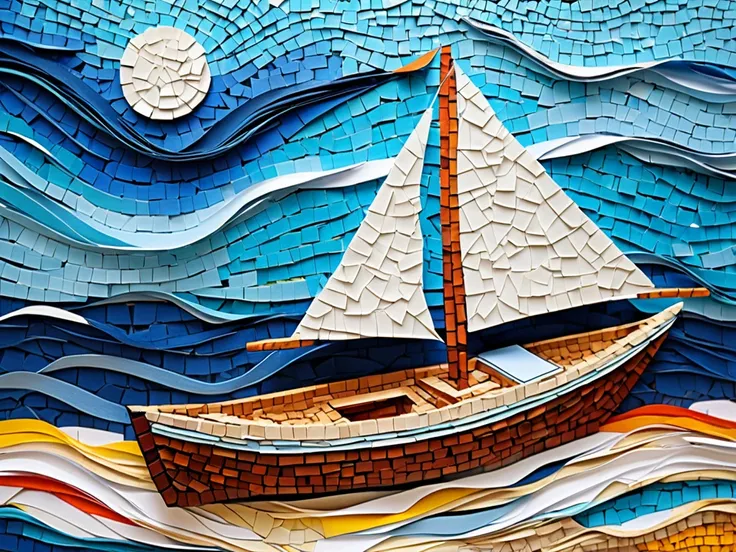  Creates creative abstract art , Like a collage, Shredded paper , a sailboat and a boat,  body masterpiece, HD model, Abstract, Artistic, Mosaic Art, 