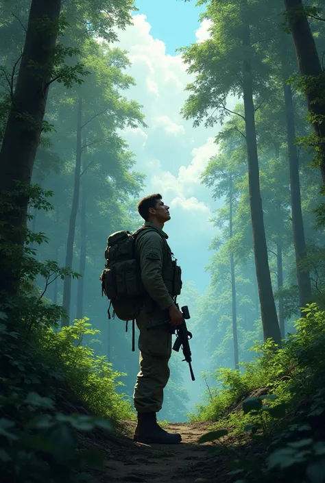 Make an image of a man dressed as an armed soldier lost in the forest and looking up at the sky and his map is the sky 