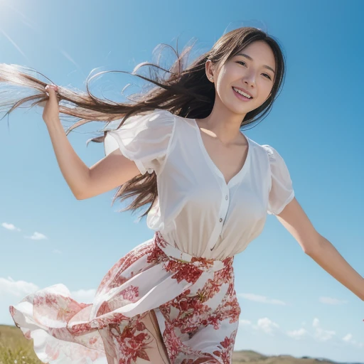 nsfw, In this scene, a woman wearing a long white floral dress is staring straight ahead in a strong wind while tightly clutching her red panties. Her skirt is blown up by the wind, expressing the beauty of her movement, and the woman's expression shows fi...