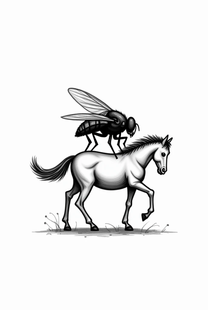 A digital artwork featuring a giant fly positioned on the back of a hand-drawn horse. The artwork is in black and white with a simple line drawing style. The fly appears to be riding the horse in a humorous composition. The style is minimalistic and the im...