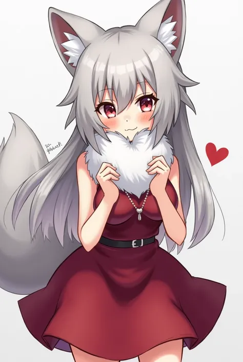 anime girl with a cat ears and a dress, female fursona, angiewolf, pov furry art, furr covering her chest, furry chest, vampire white fox, female anthropomorphic wolf, grayscale phtoto with red dress, furry art!!!, female furry mini cute style, holo is a w...