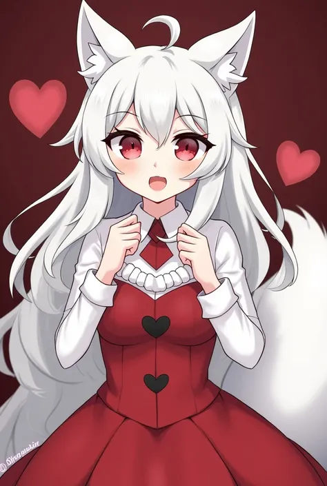 anime girl with a cat ears and a dress, a character portrait by Shingei, pixiv, furry art, female fursona, angiewolf, pov furry art, furr covering her chest, furry chest, vampire white fox, grayscale phtoto with red dress, female anthropomorphic wolf, furr...