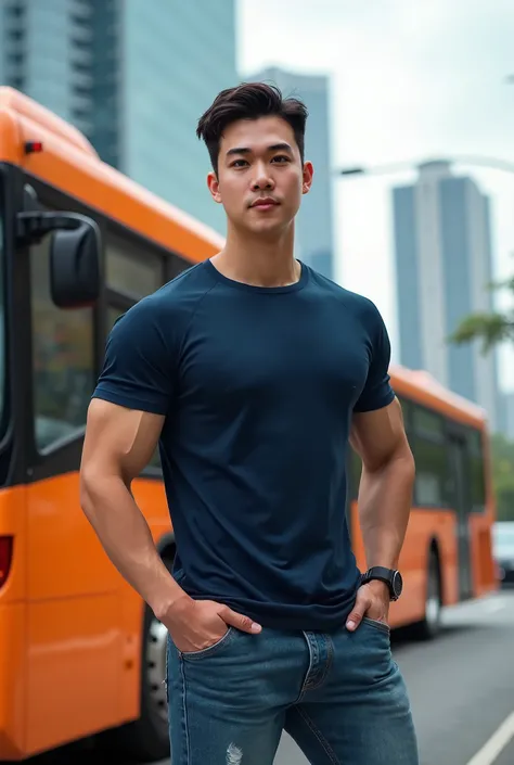 (( Korean Man Wearing Navy Short Sleeve Round Neck Sports Shirt)), Very large arm muscles  , ((( Jeans ))), (((Men with short hair))), ((( muscle ))), (((Seductive fit body ))), ((Short Hairstyle))), ((Real picture, natural light , ((realistic daylight)) ,...