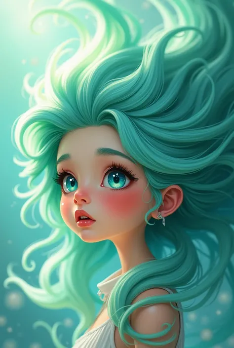 Draw a girl with a a whirlwind of seafoam hair in cartoon 