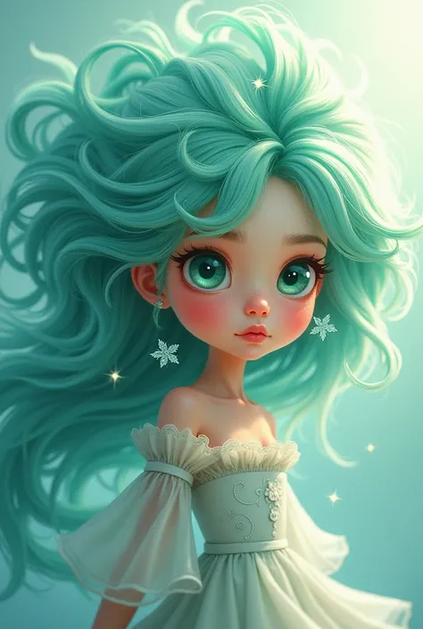 Draw a girl with a a whirlwind of seafoam hair in cartoon 