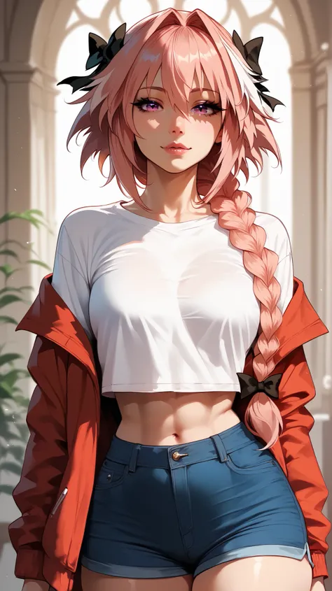 Astolfo style,  perfect eyes,  perfectly sexy face, ultra detailed,  ultra perfect eyes ,  big beautiful woman , standing, dark blue shorts, Body,  looking at the spectator ,