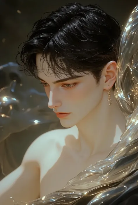 A highly detailed and realistic portrait of a handsome, shirtless young man with an air of elegance and mystique, inspired by the symbolism of a swan. His skin is smooth and luminous with a flawless texture, showing a natural glow with soft, subtle dimples...