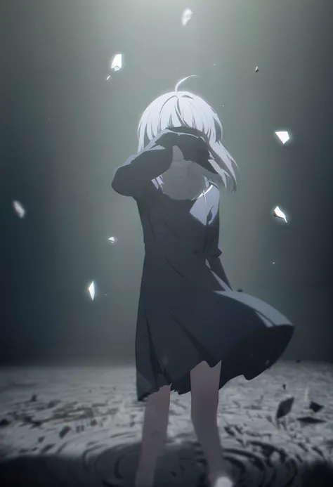  1 young girl ，Gray shoulder-length hair， bangs cover your eyes ， long black dress ，Can&#39;t see eyes，Shards of light ， ray tracing，tear， ripples on the ground ，barefoot， seen from top to bottom， black background，Standing