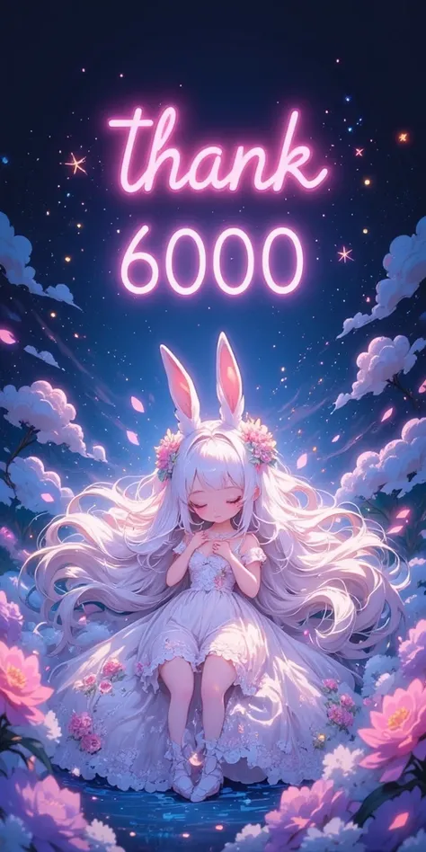 beautiful solemn text written "thank 6000". cute and kawaii chibi rabbit girl lying down eternally sleeping in happy dream, long white hair and fluffy rabbit ear, transparent very white frilly dress embroidered delicately. at very unreal place as beautiful...