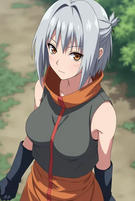 Anime Naruto, a serious 19-year-old girl with short light gray hair and bangs, one black and the other orange, uchiha at a training camp, and her dress is a little bare, like a short shirt with a long collar, gloves, shorts, but dress like kunoichi.