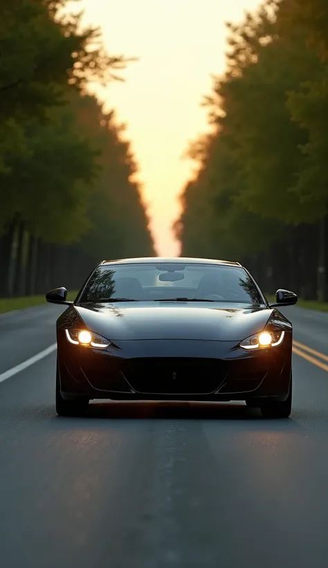 "A sleek black car driving down a quiet two-lane road, approaching from the distance. The road is lined with green trees on both sides, and the setting sun casts a golden glow on the car. Its polished surface reflects the soft light as the headlights shine...