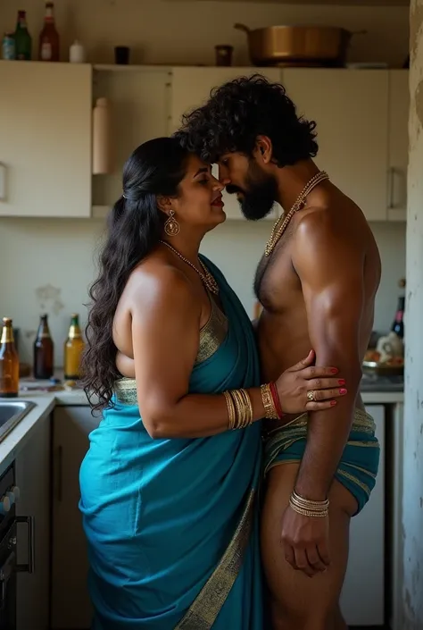 46 year old, tall, voluptuous, curvy, black South Indian married mature aunty with long hair wearing a blue silk saree (wearing gold earrings, gold chain, gold bangles, red lipstick) is passionately embracing having sex with A nude naked muscular, hairy, b...