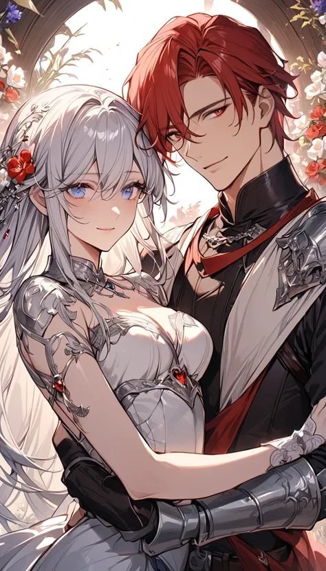 Detailed eye depiction，A total of one man and one woman，nice，Handsome ， Red Short Hair Red Eyes Male ， Silver Long Hair Blue Eyes Female， Western fantasy，knight，romantic，Aesthetic，gentle smile ，flower，Embrace， perfect human anatomy，兩個人一起躺在flower原上