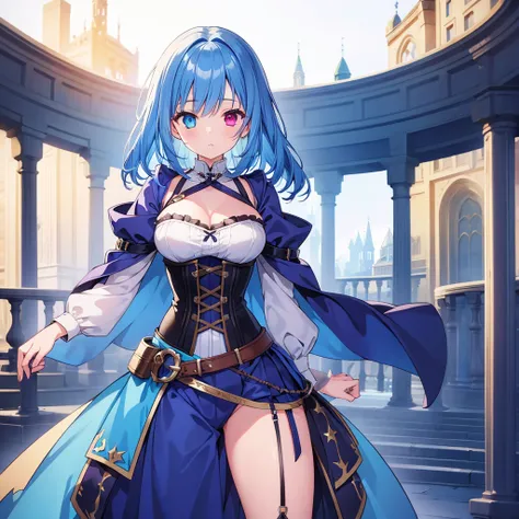  One Girl,Blue Hair,  heterochromia ,fantasy costume ,  corset , best image quality, best quality