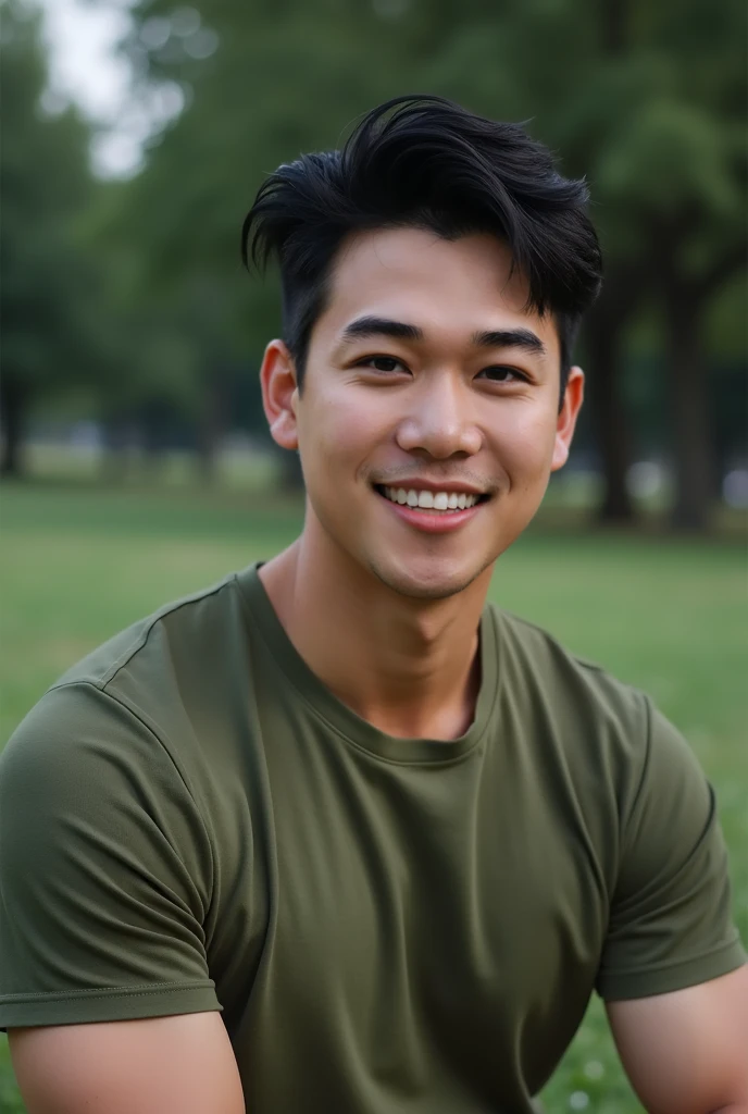 Professional photography, close-up photo of a handsome Korean man, (muscular man with short hair), (big muscles, big body), (handsome, fit body), pale skin, handsome, look cold but smiling, wears olivegreen t shirt, short and black hair, tall, in the park,...