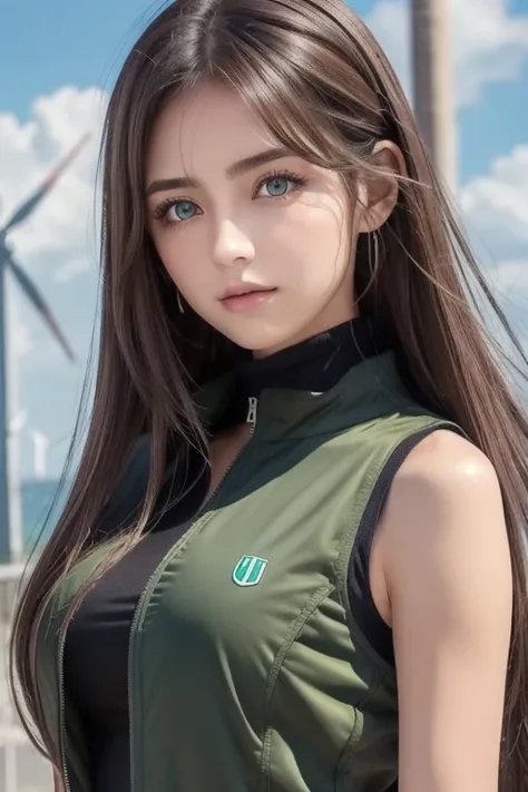 Italian girl anime version (The power to control the wind,  purple eyes and light brown medium hair,  Italian Green and Black Sleeveless Clothes and Jackets)