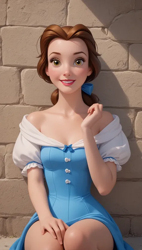 score_9, score_8_up, score_7_up, score_6_up, cinematic film still, 1girl, full view, BREAK (Disney's Belle, brown hair, hazel eyes, fair skin, blue bow, ponytail), white blouse, Disney 3D render, BREAK (sitting holding her kness, showing her delicated, bea...