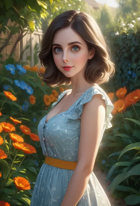 Adorable, Woman,big-eyed woman, round face. promenent lips. Smileing,In the garden,Her hands are behind her...., , large ass, wearing a cute sun dress. Picture from the side,looking at the scenes, intense colors, Very valuable details, complex details, vol...