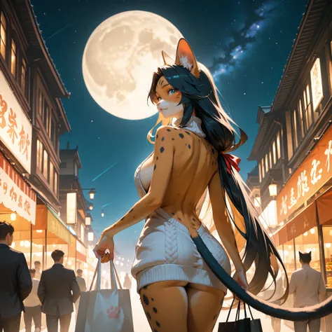 SFW, Sexy adult kemono, in crowded market street, holding shopping bag, starry night sky, cat_tail, beautiful face, back_view, standing, realistic lighting, volumetric lighting, back shot, full_moon

anthro, furry, cat, beautiful, very long hair, ribbon_th...