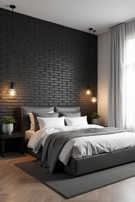 Create a 27 M2 square master suite, with a queen bed , on the headboard wall with rustic black brick,  the other white walls with a bedside table in Metalon and glass and industrial pendants on each side. Bedroom and industrial style 