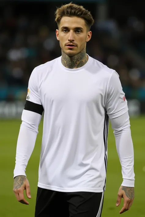 A handsome 23-year-old  with tattoos on his arms and neck, very handsome and athletic with curtain hair, Male soccer player, white long sleeve shirt, black shorts, long black socks, evening, stadium atmosphere , brown eyes, primer plano, messy hair, athlet...