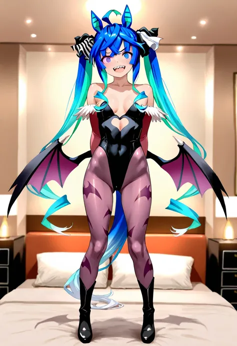 (masterpiece,Highest quality,High resolution,Super detailed), solo, 1girl, Twin Turbo, Umamusume, aqua hair, heterochromia, purple eyes, blue eyes, sharp teeth, Morrigan Aensland(Darkstalkers) costume, hotel room, Pornographic videographic cosplay photo se...