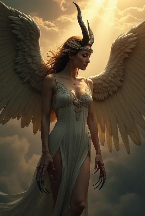 Harpy woman ,  women with wings and claws of birds of prey and goat horns,  with beautiful breasts and other human features . Her appearance beautiful winged women ,  dark heavenly background between clouds and rays 