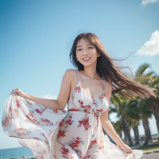 nsfw, (A scene in which a woman in a long white floral dress is staring straight ahead in a strong wind while tightly clutching her red panties: 1.3).
Her skirt is blown up by the wind, expressing the beauty of her movement, and the woman's expression show...