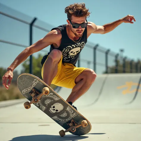 Realistic photo of a Caucasian urban pro skater,  perfectly detailed face ,  sunglasses, doing a flexed head kickflip with your well-detailed skateboard,  detailed fingers , yellow shorts with skull motifs and sleeveless t-shirt with tribal motifs 