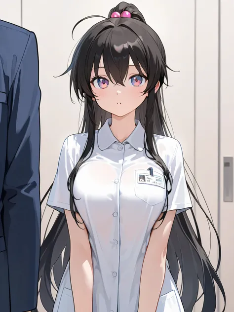 Young female doctor，doctor, black hair, very long ponytail hair, hair bobbles, Gradient eyes, anime breast, Anime style