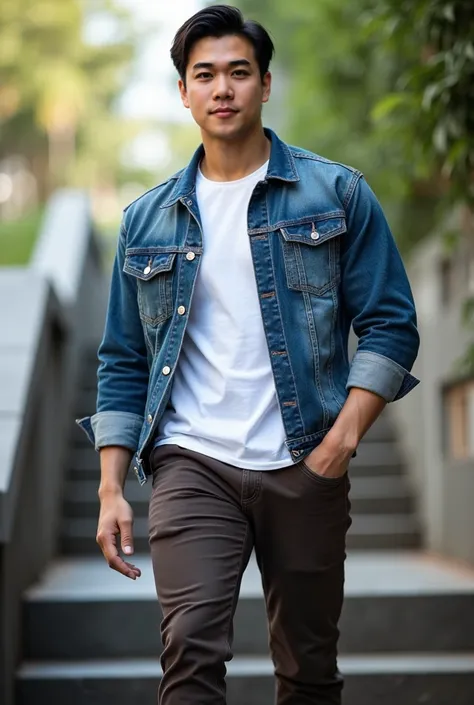 Portrait photo Big muscular man, tight chest ,  muscle bundle, The handsome dark-haired Asian man stands outdoors amid the backdrop descending the flight stairs, standing looking at the camera on the right. He is wearing a stylish blue denim jacket. , Comb...