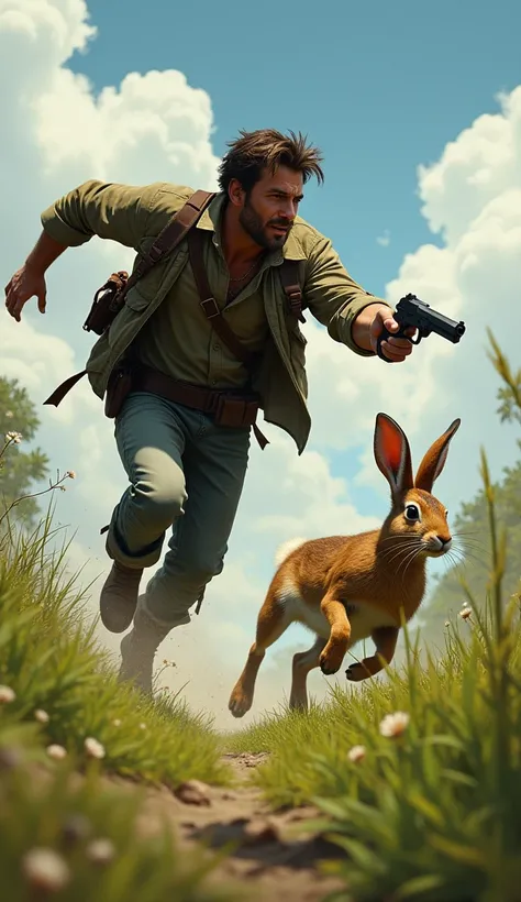 Man chasing Rabbit running and man have gun