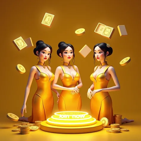 create animation text says "COBLOS4D SLOT THAILAND NO1", flying mahjong, flying cards, flying coin. yellow themes, tattoo, white skin, close-up, beautiful real cheongsam girls, have large breast cleavage, have neon button under logo text says join now,
