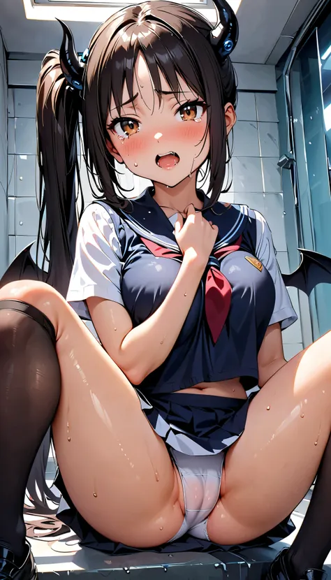 (Slender, (12yo), large breasts, cameltoe,(leg lock)), (くびれ), (school uniform), (Navy mini skirt), white panties, (1girl, Reica Shimohira, GANTZ), ((super long), side ponytail), brown eyes, black hair, beautiful detailed eyes, (cute eyes), black thigh high...