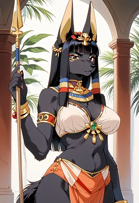 masterpiece, high resolution, best quality,8k(((retro artstyle,retro anime )))
((pitch black fur,furry,kemono ,Fluffy fur,anubis girl))
( black hair,waist-length hair,straight hair,blunt bangs)(Belly Dance Costumes)

(slender,large breasts)
( is standing, ...