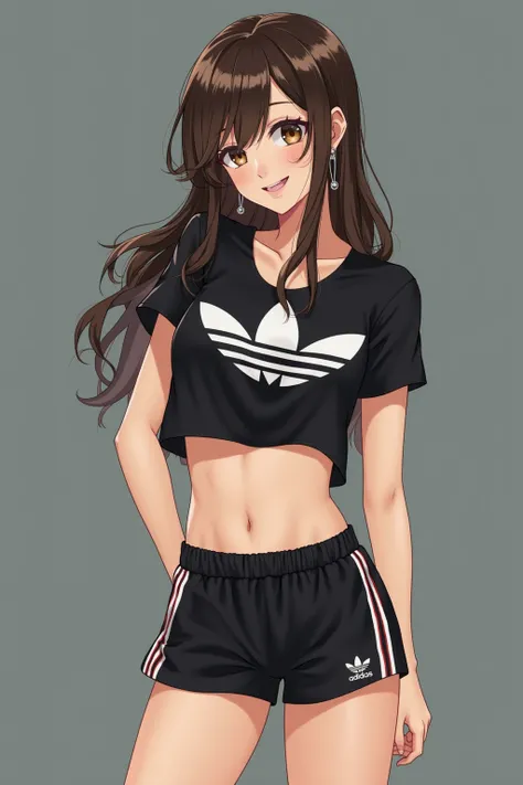   Tight Adidas T-shirt with 3 stripes accentuating the chest、  You can see the Adidas logo on the shorts  。 breasts、 Belly piercing。 The crop t-shirt shows the body line   、 Ultra revealing swimsuit that accentuates the shape of the chest 。   There are 3 a...