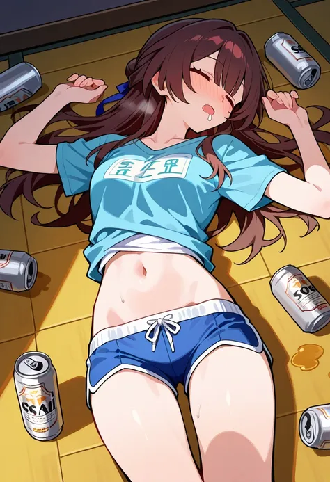 1girl, solo, lingsha (honkai: star rail), closed eyes, open mouth, sleeping, drool, bare navel, shirt, shorts, narrow waist,blush, drunk:1.3, beer cans, lying on floor, {{{masterpiece,best quality,amazing quality,very aesthetic,high resolution,ultra-detail...