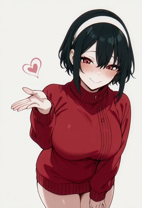 Masterpiece,Solo, yor forger,, black  hair,, around ass,,Big breast, wide hips, think waist, score 9, hd, high quality, 8k, smile, kind,blush,perfect legs,red sweater, white hair band, SIDE bangs