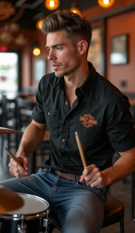 John is 25 years old. , Athletic physique , brown eyes , short military hair color brown gray,  flashing,  full pink lips , light skin, black shirt carved with the Harley Davidson logo,  jeans pants , sitting, Playing Pearl drums.  The scene is inside a Ha...