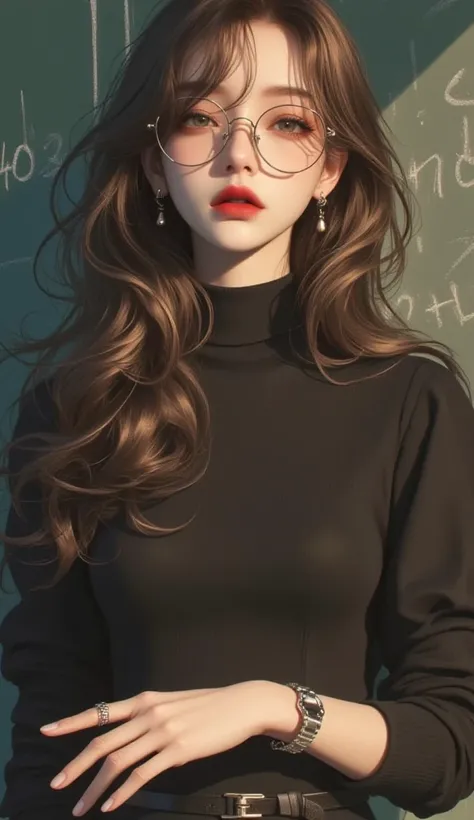 Anime A teacher,  young and beautiful woman wearing formal long sleeve sabrina dress,  disheveled hair , wearing highheels , black miniskirt pants ,  wearing watches and reading glasses, standing in front of the students , with chalkboard background,  teac...