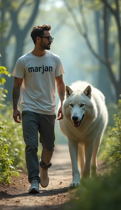 A man is walking,  uses glasses , wearing a t-shirt with writing "Marjan"  wears trousers, nike shoes,  next to which there is a large white wolf, monster wolf , 4K,  high resolution