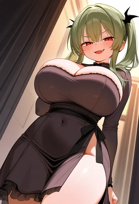 Cute girl, Petite body, loli, huge breasts, evil smile, smug face, fang, wide hips, cute dress