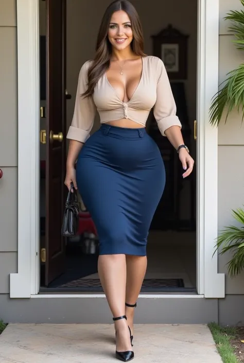 housewife, Mature 48 years old.  pear-shaped body ,  curvaceous and voluptuous environment ,  wasp waist,  wide hips ,  thick legs .  Huge, round busts. She wears a navy blue duck tail skirt, a fitted and low-cut beige satin blouse with the buttons unbutto...