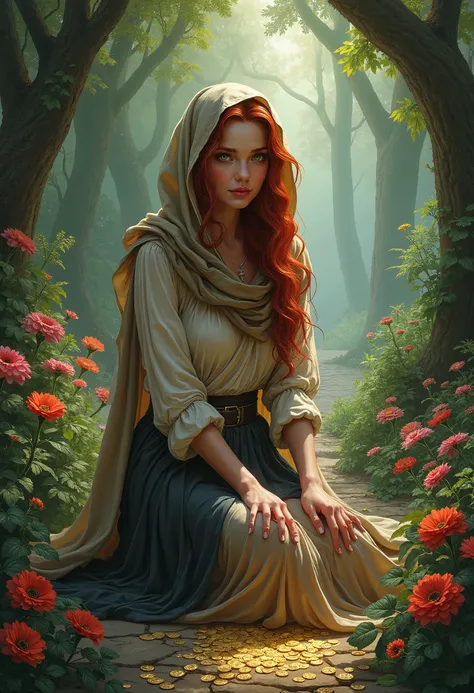  A beautiful red-haired woman with green eyes and a scarf on her head,Flared skirt,with tarot cards,in a beautiful garden, with lots of flowers and trees ,Lots of coins on the ground  