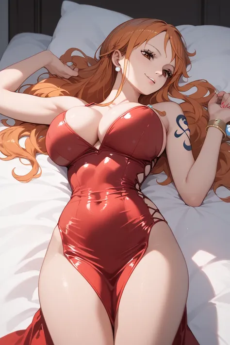 Nami,  long hair ,wearing tight red dress, High resolution,  Anatomically Correct ,  the best quality,  tall details,  high quality,  big boobs,  body masterpiece, lying down