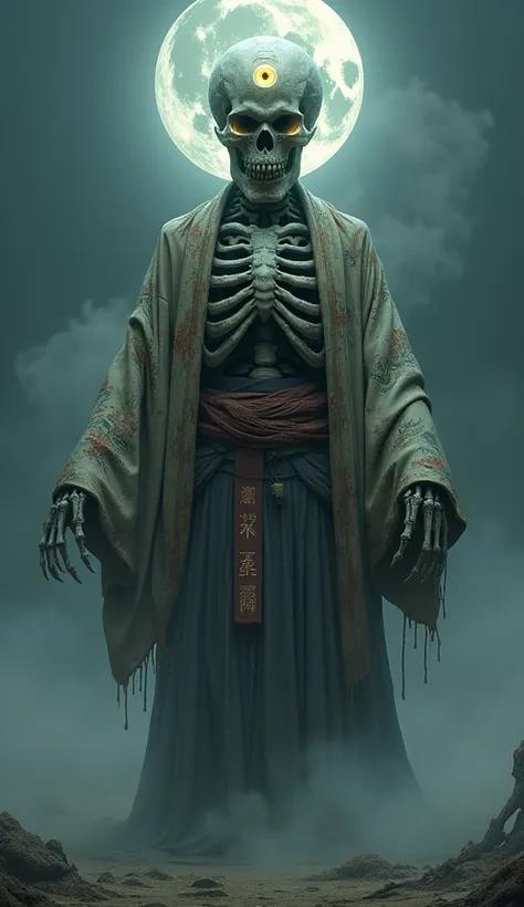 A fusion yokai combining the characteristics of a three-eyed monster and Gashadokuro, blending skeletal terror with mystical wisdom. The creature appears as a massive, humanoid skeleton with three glowing, ominous eyes, with two in the usual position and a...