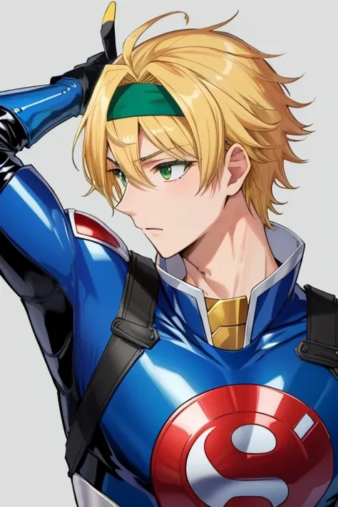 
(Best quality), (Best quality), (Best quality), (Full viewHandsome and cool boy wearing latex superhero, ager, tall, long hair, beautiful skin,1boy,yamanbagiri kunihiro, blonde hair, green eyes, short hair, japanese armor, blonde hair, headband,man