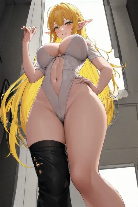 (masterpiece:1.0),(Highest_quality:1.0),   Official Art,  Ultra-fine ,   absurd,   More details ,  1 girl,goddess ,,elf ears, seductive pose holding hands,  Eyeliner,   light background  ,    complicated details,  yellow and white color scheme ,   Otherwor...