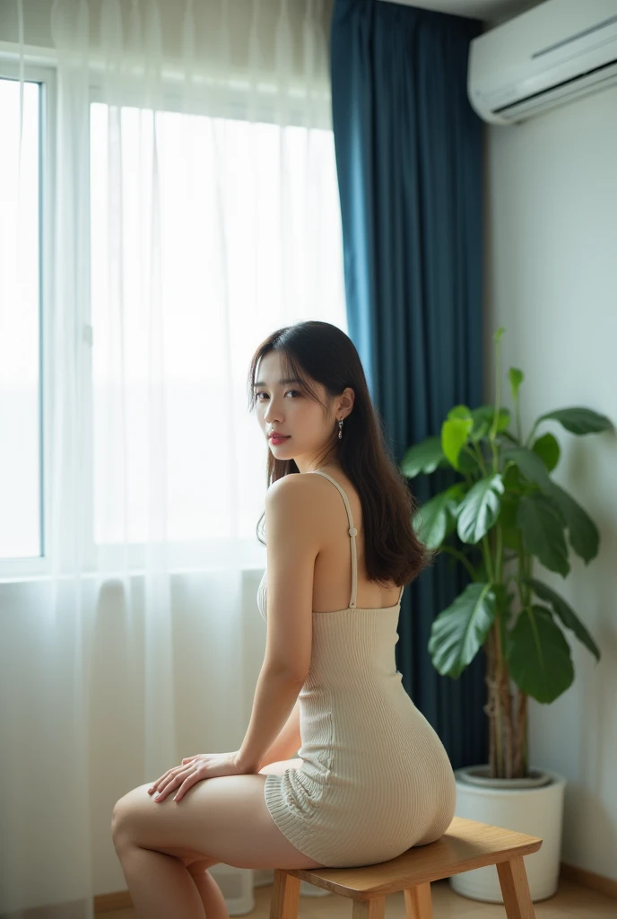 ＡJapanese woman with a very beautiful beauty like an actress
A serene and contemporary indoor portrait of a young woman sitting on a light wooden chair in a minimalist living space. She is wearing a form-fitting, ribbed beige dress with spaghetti straps, e...