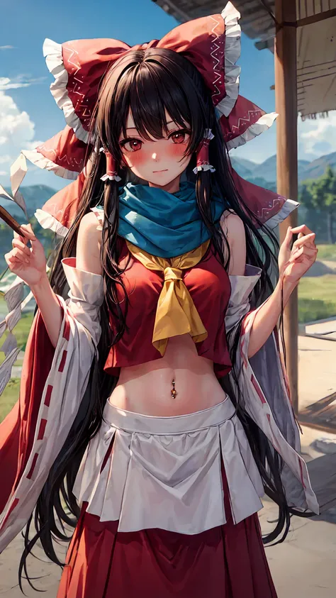 blush, shy, Annoying, skirt,  Navel Piercing, priestess,  hakurei reimu, 1 girl,  hair tie , scarf, hair tubes, Monkey, Loose sleeves,  hands on hips